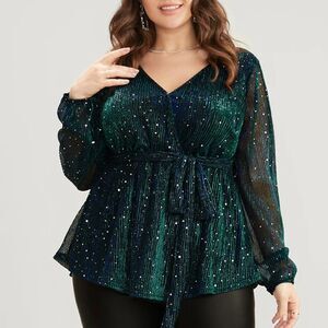 Bloomchic Top womens 12 Large Green‎ Blue V Neck Sparkle Belted Blouse